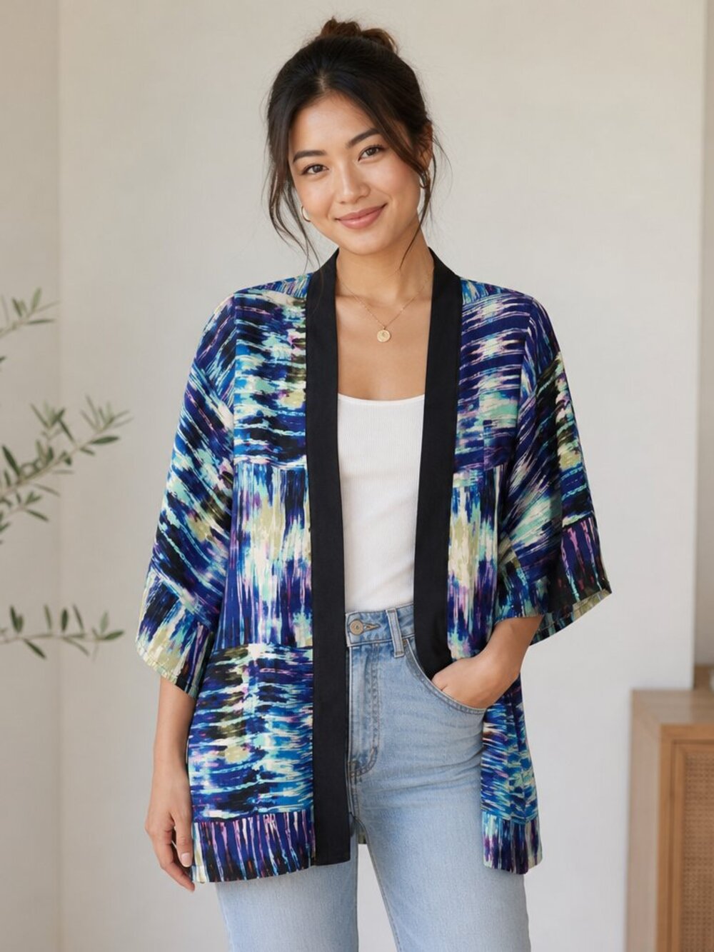 Studio Works Blue & Aqua Open‑Front Kimono Cardigan – Size Small